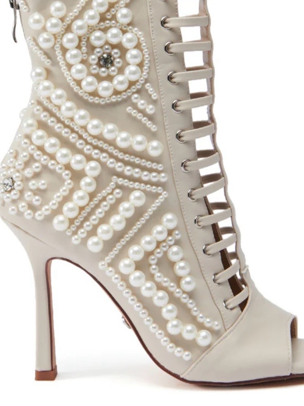 Pearl-Embellished Cream Lace-Up Peep-Toe Stiletto Booties - Picture 4 of 9